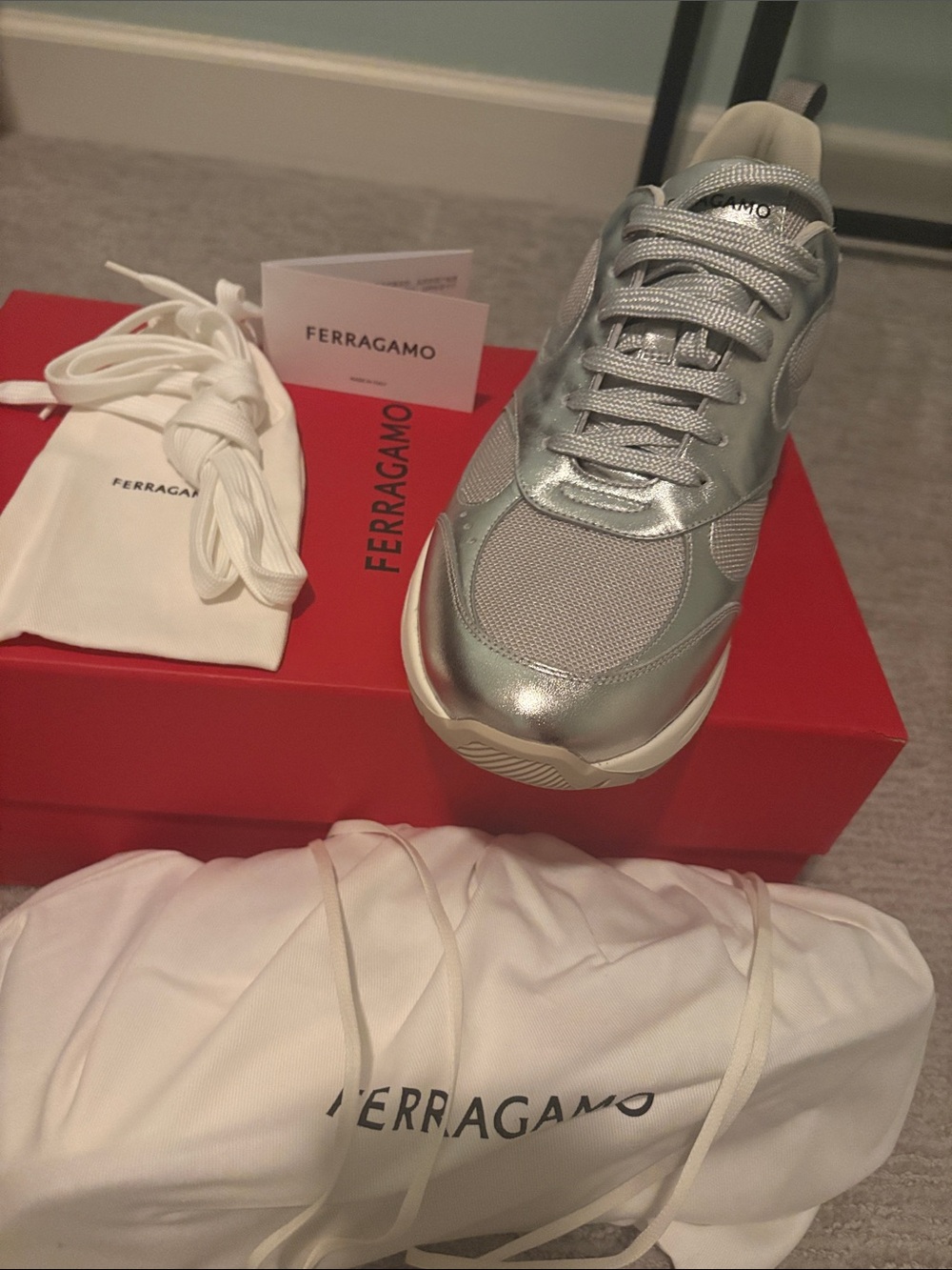 Salvatore Ferragamo Metallic Silver Men's Athletic Sneakers
